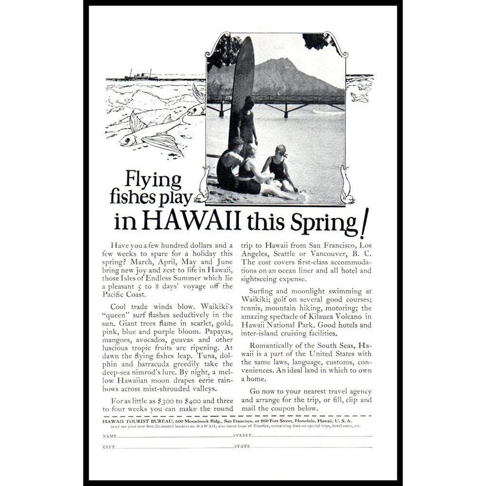 1924 Hawaii Vacation Travel Vintage Print Ad Beach Longboard Surfing Wall Art